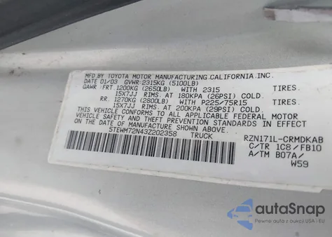 2003 Toyota Tacoma z USA, uszkodzony, nr VIN 5TEWM72N43Z202358